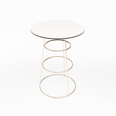 Felicia Cocktail Table (Rose Gold Frame with Round White Top) Desert River Rentals