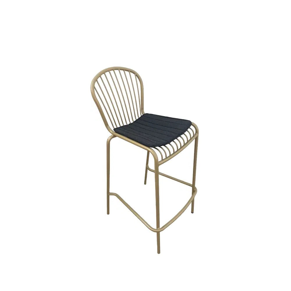 Corset bar stool champagne gold with black seat pad Desert River Rentals