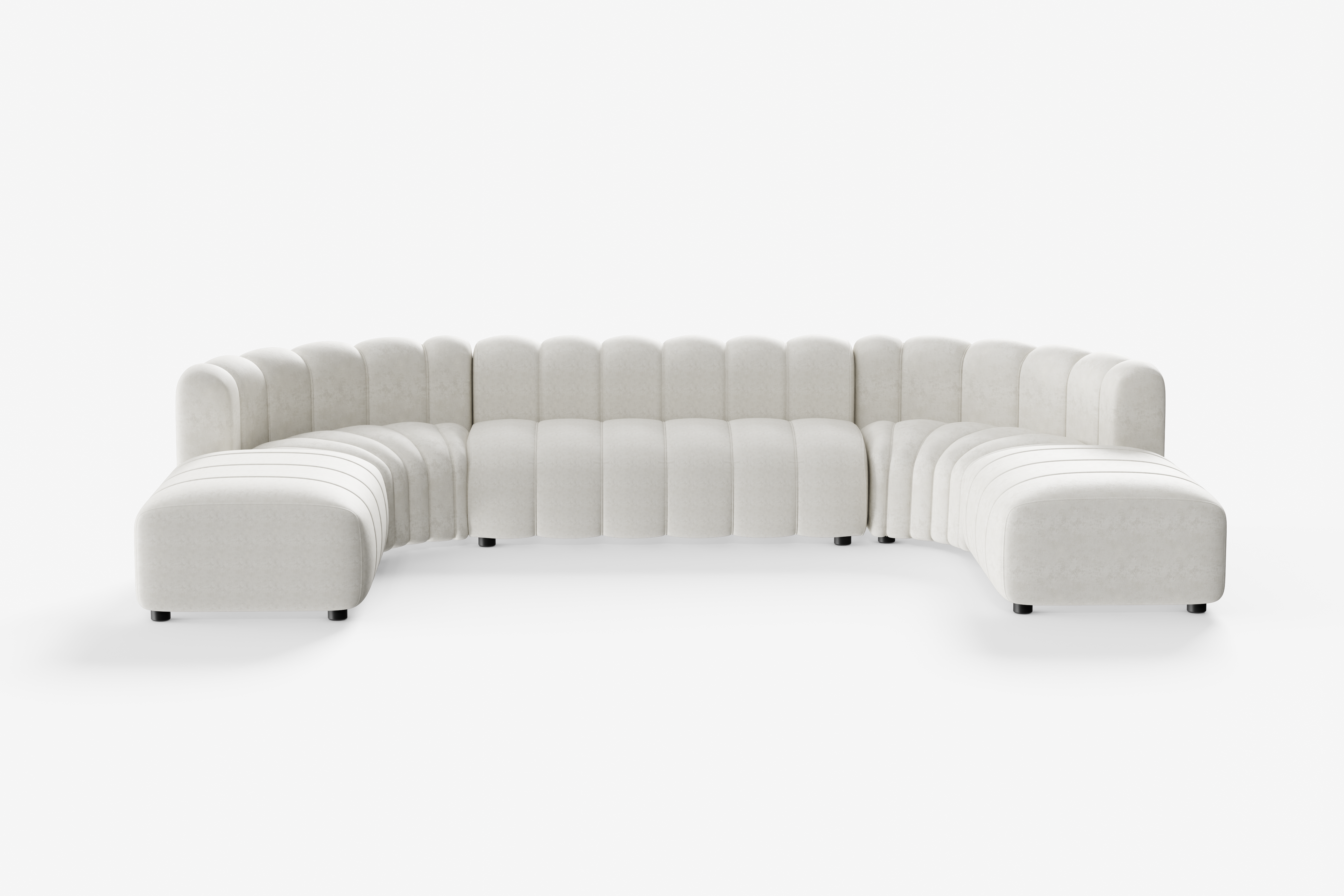 Concave Large Open-Ended 7-seater in Vanilla White, with a modern curved structure and plush panelled upholstery for upscale, flexible configurations.