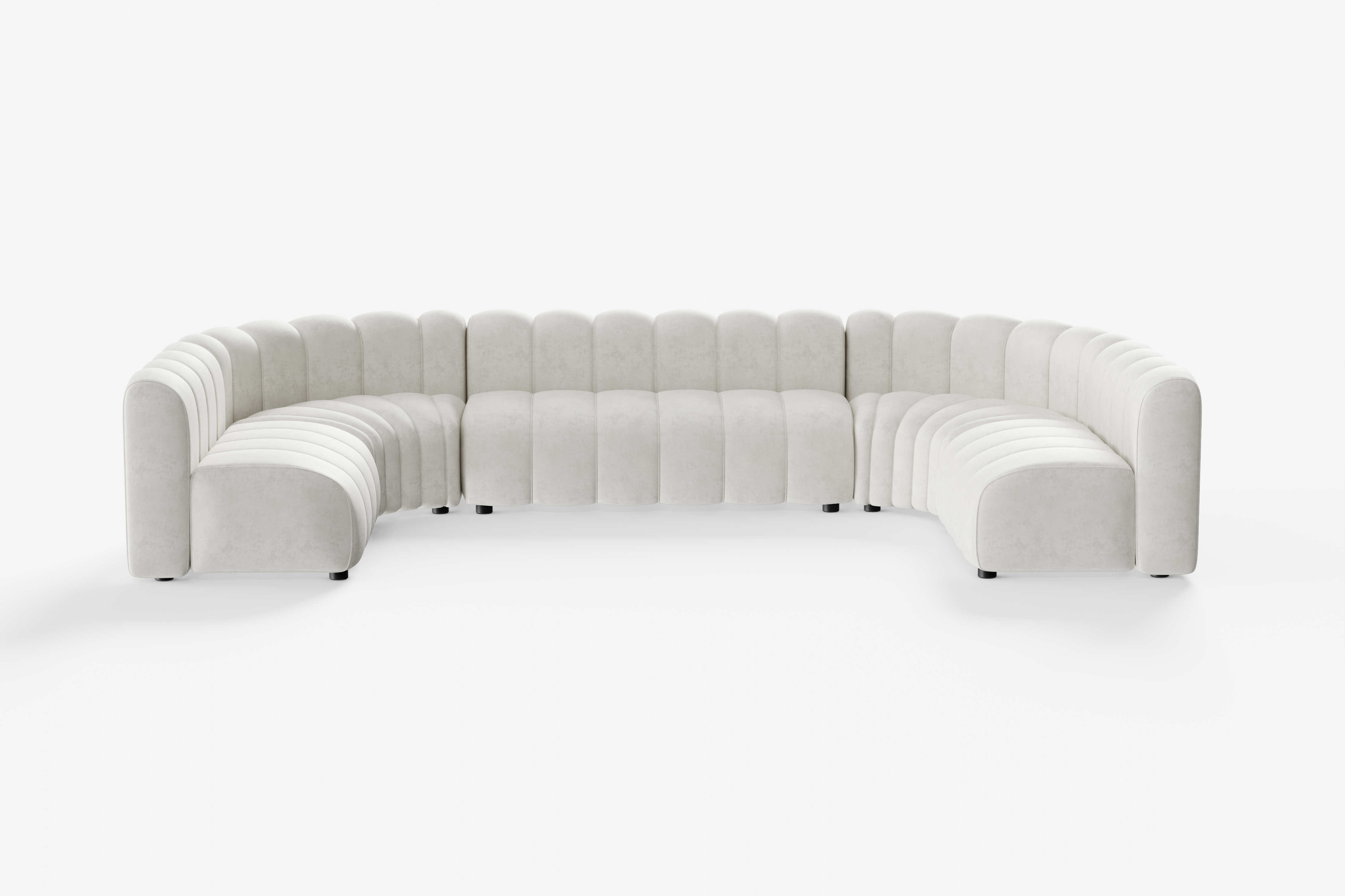 Vanilla White Cosmo Concave Large 7-seater modular sofa in soft fabric, offering elegant, curved seating ideal for modern living or events.