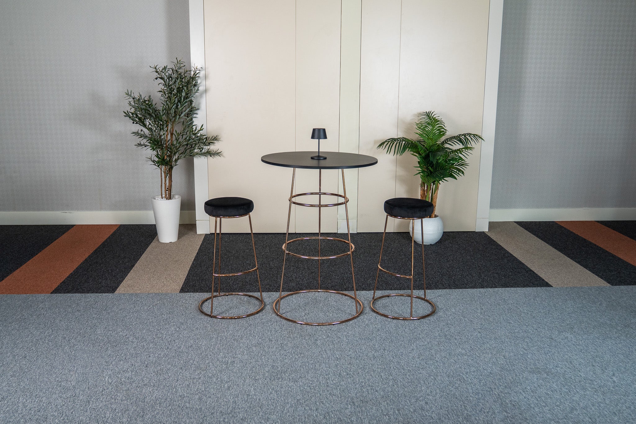 Felicia Cocktail Table (Rose Gold Frame with Round Black Top) Desert River Rentals