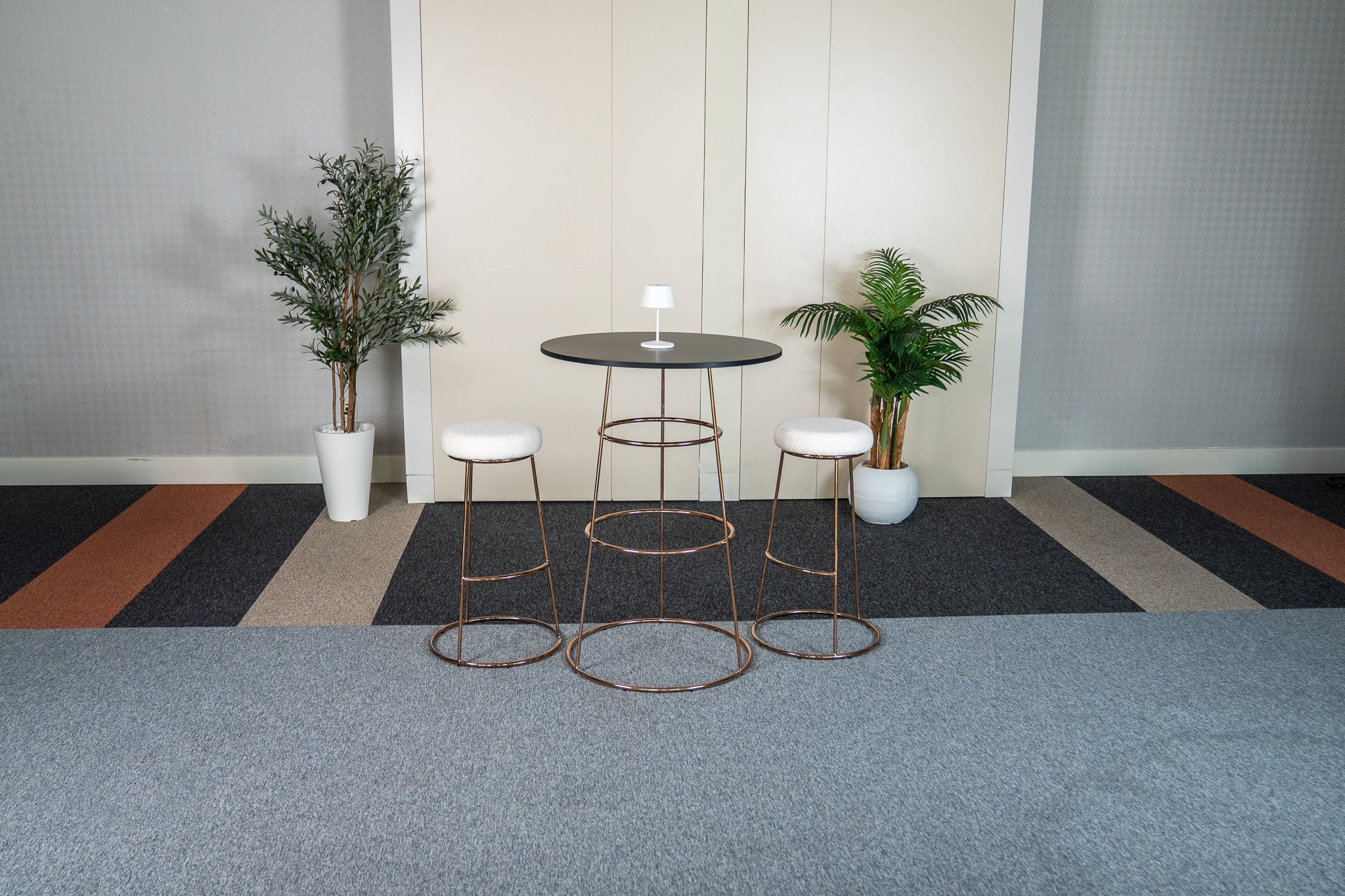 Felicia Cocktail Table (Rose Gold Frame with Round Black Top) Desert River Rentals