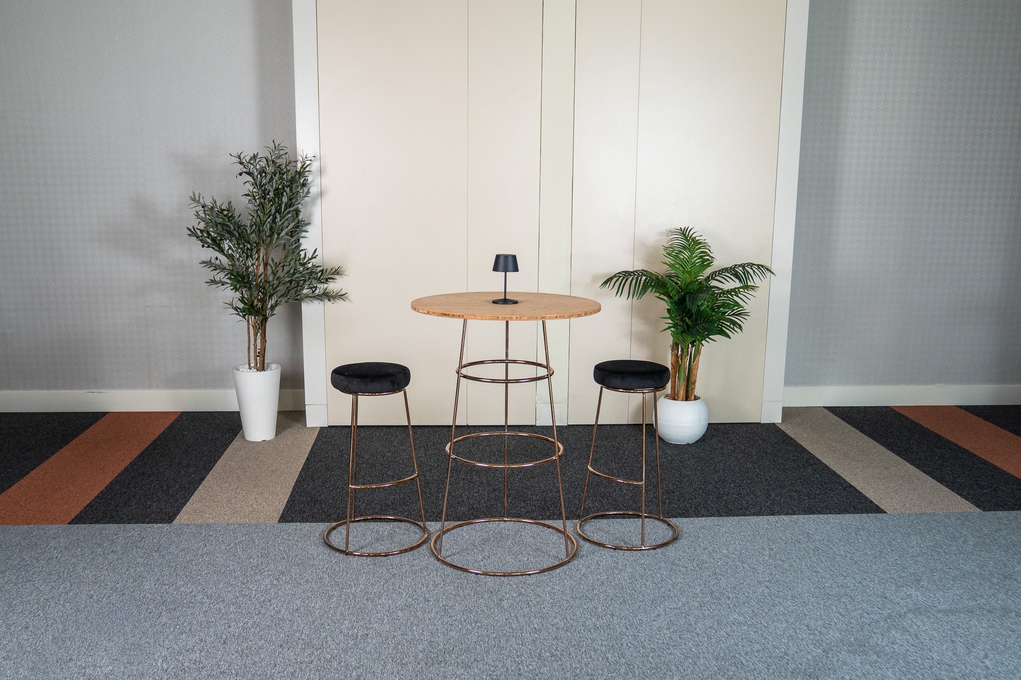 Felicia Cocktail Table (Rose Gold Frame with Round Bamboo Top) Desert River Rentals