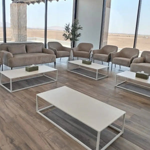 Du Roy Sofa from Desert River Rentals, a soft and neutral option to rent a couch for casual event lounges.