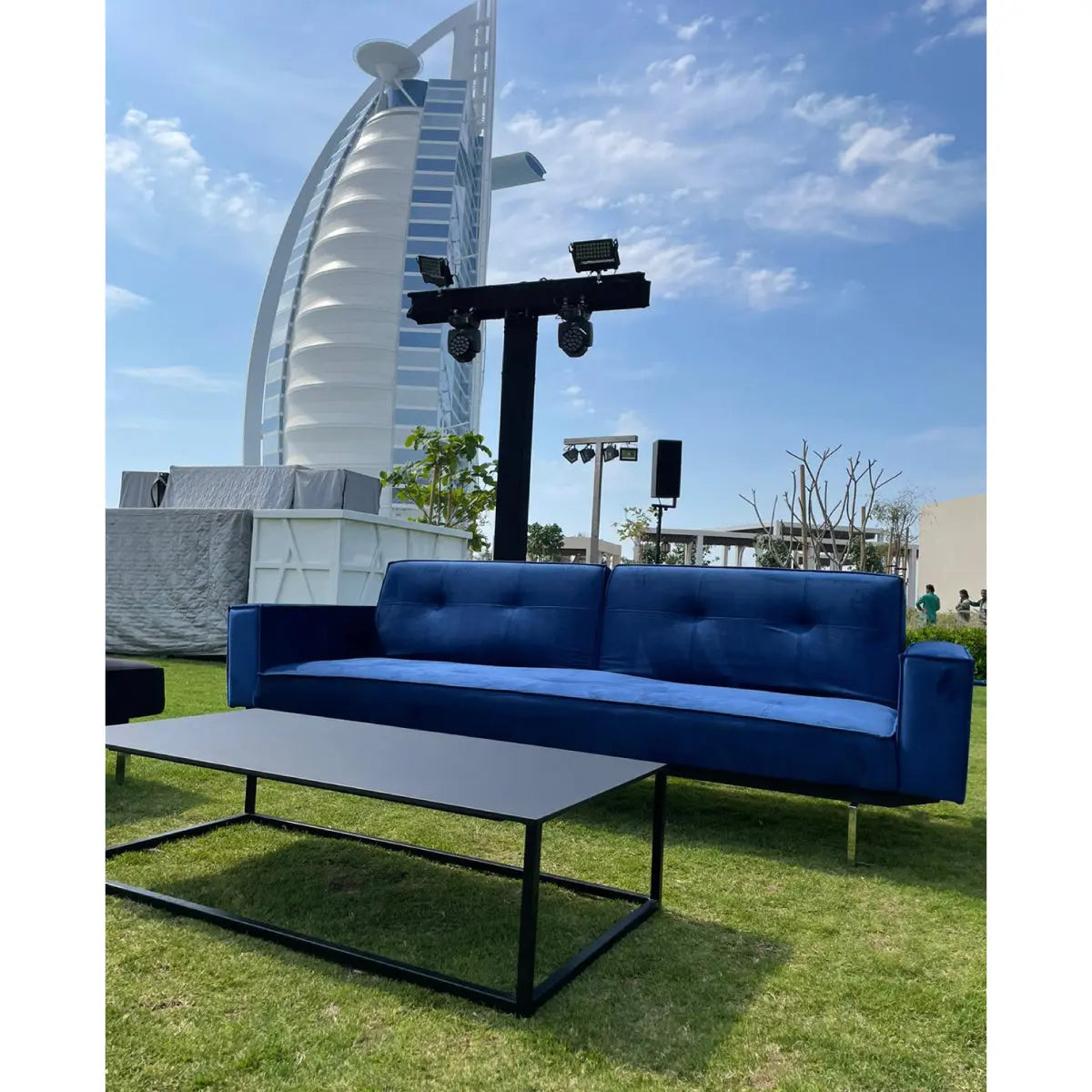Enigma lounge chair royal blue velvet Desert River Rentals