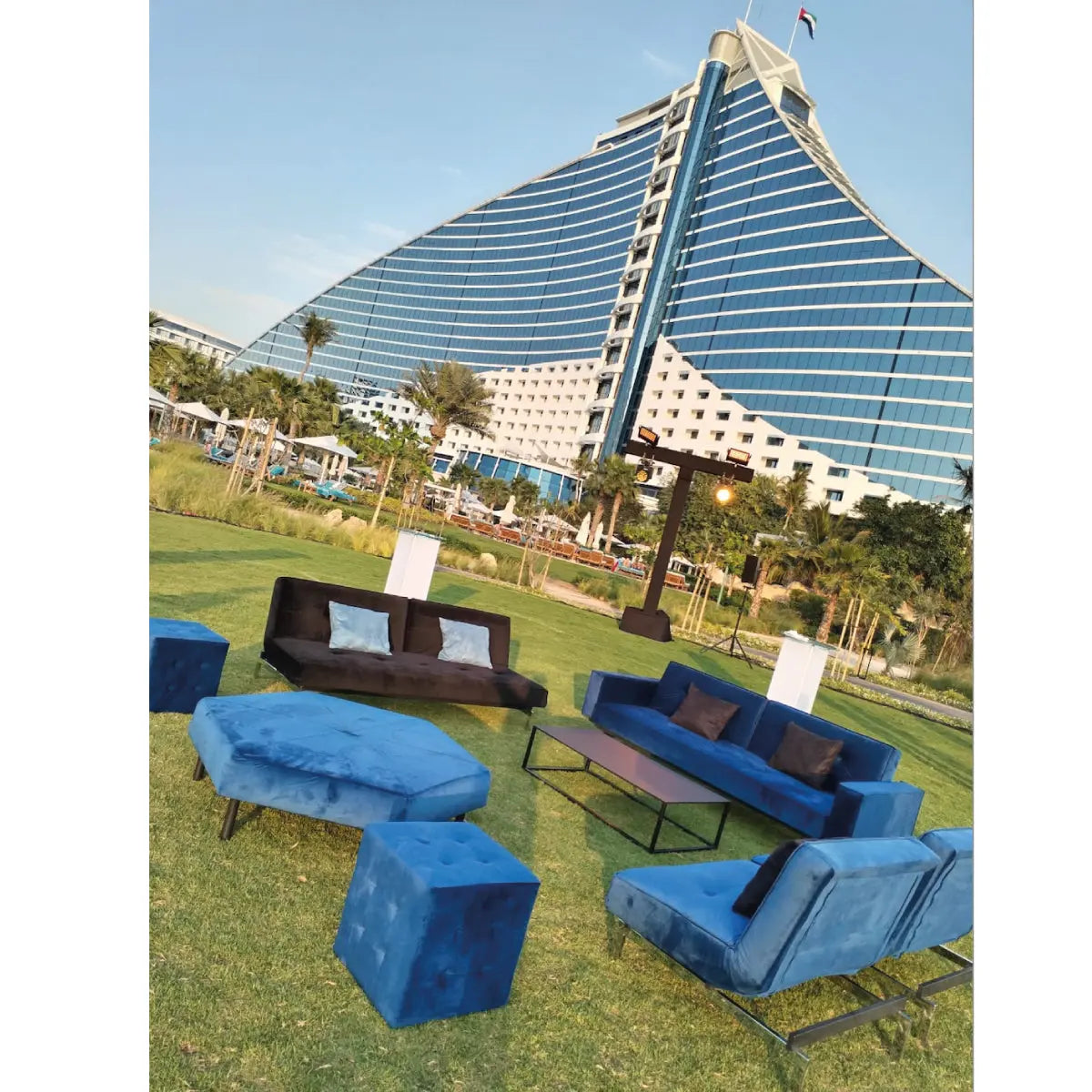 Enigma lounge chair royal blue velvet Desert River Rentals