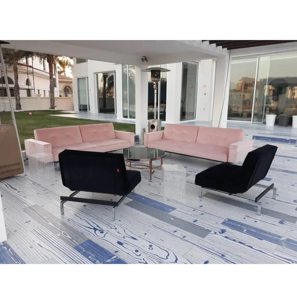 Enigma sofa with arm rest blush pink velvet Desert River Rentals