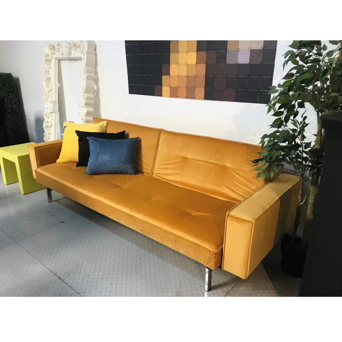 Enigma sofa with arm rest forest yellow velvet Desert River Rentals
