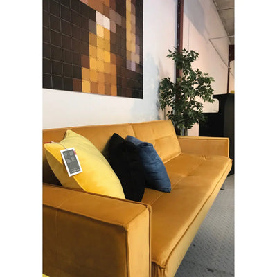 Enigma sofa with arm rest forest yellow velvet Desert River Rentals