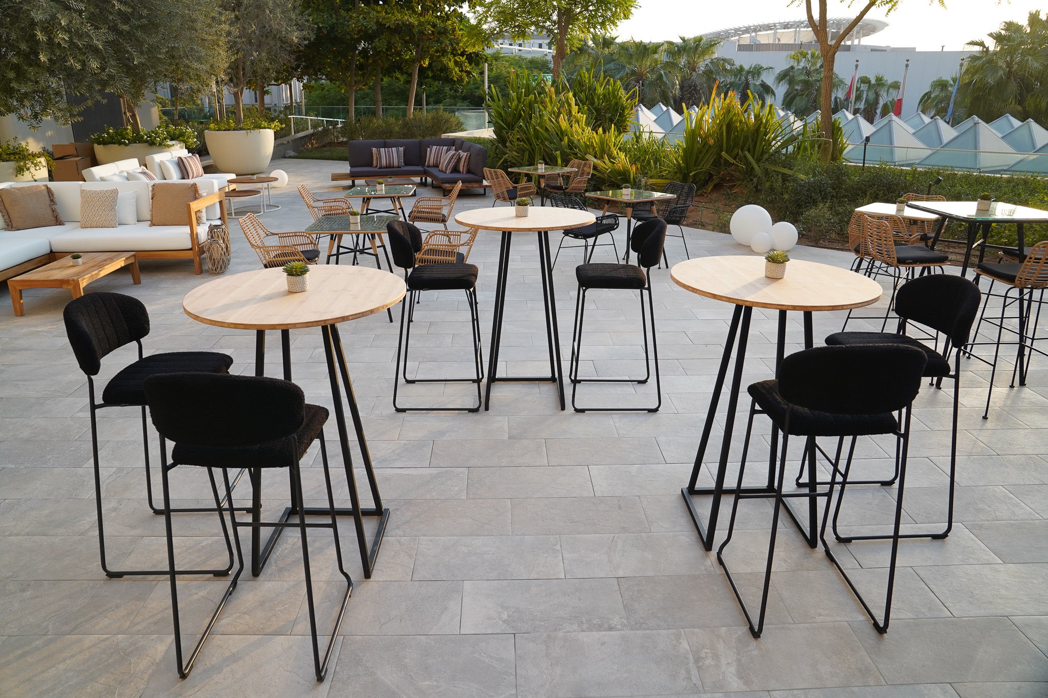 Linea Cocktail Table (Black Frame with Round Bamboo Top) Desert River Rentals