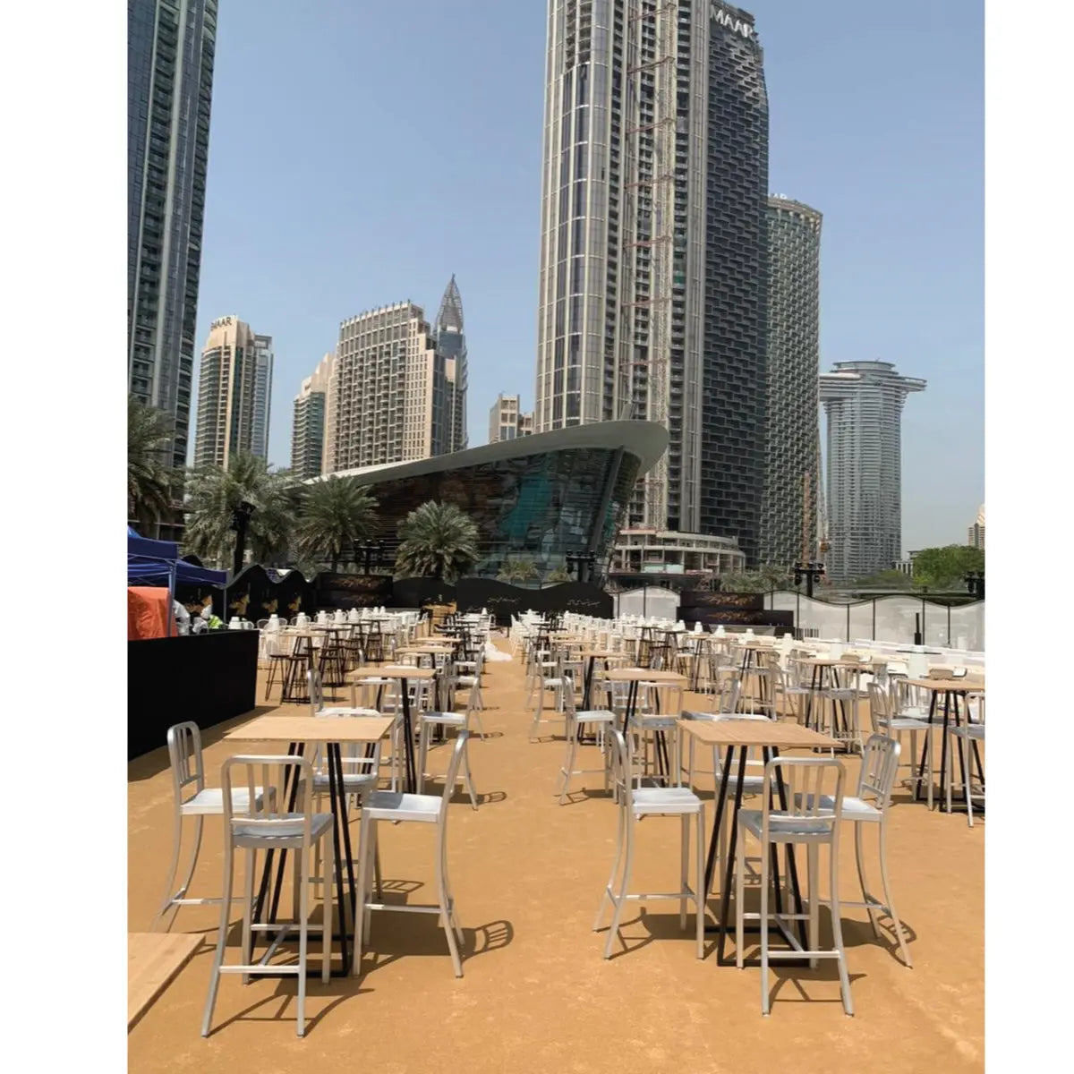 Linea cocktail table, white frame, bamboo top Desert River Rentals