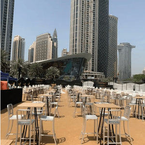 Linea cocktail tables were set up by Desert River Rentals for a large outdoor event in Dubai.
