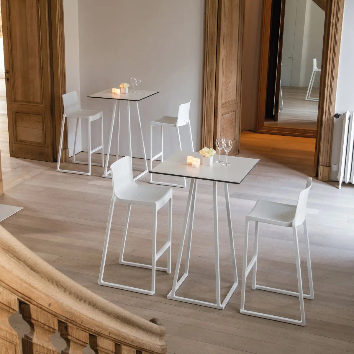 Linea cocktail table, white frame, white top Desert River Rentals