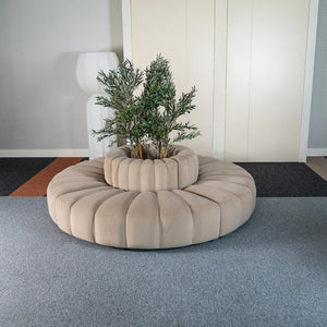 Nutmeg Beige Cosmo modular sofa rental for event, styled as a full circle seating layout
