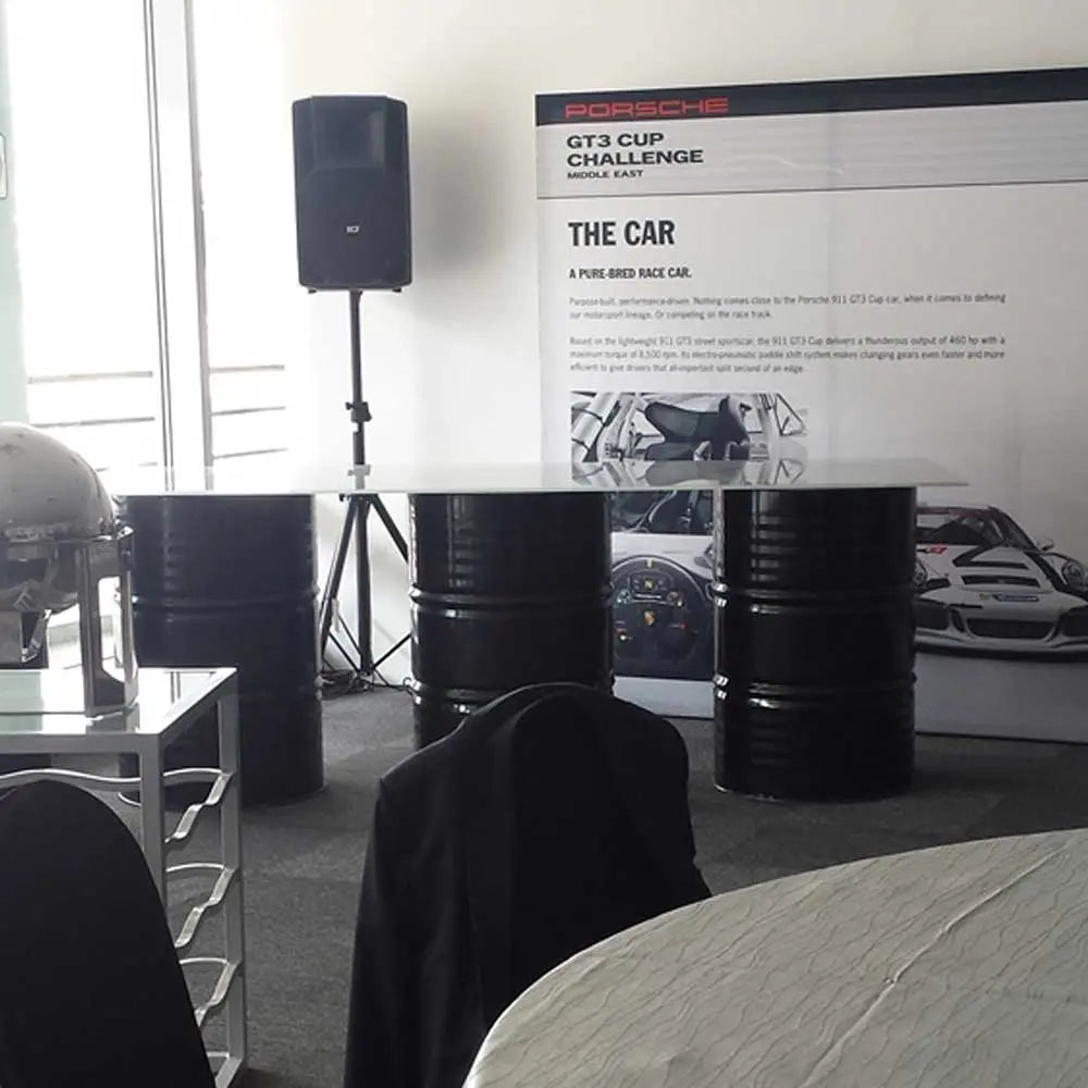 Oil drum buffet table black Desert River Rentals