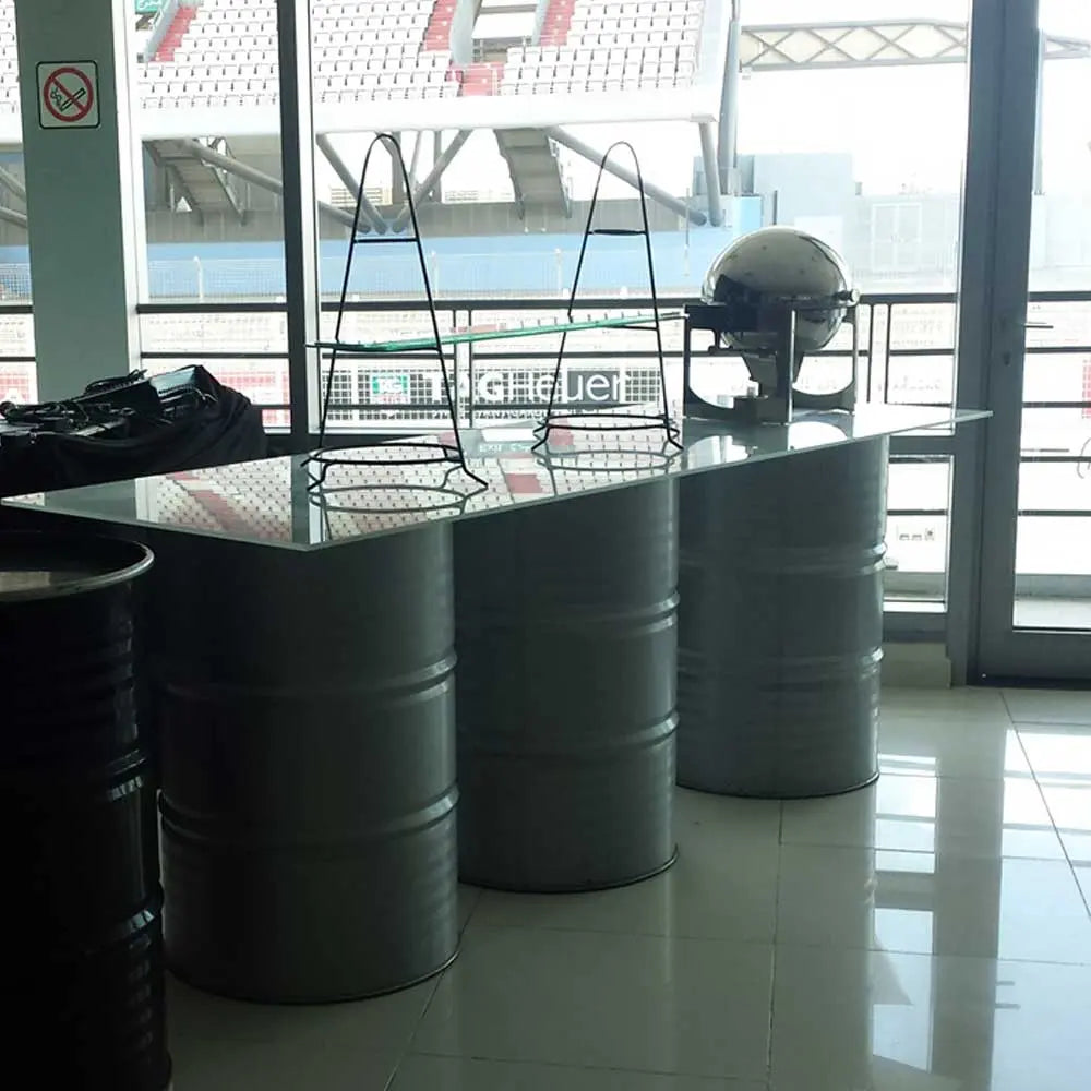 Oil drum buffet table silver Desert River Rentals