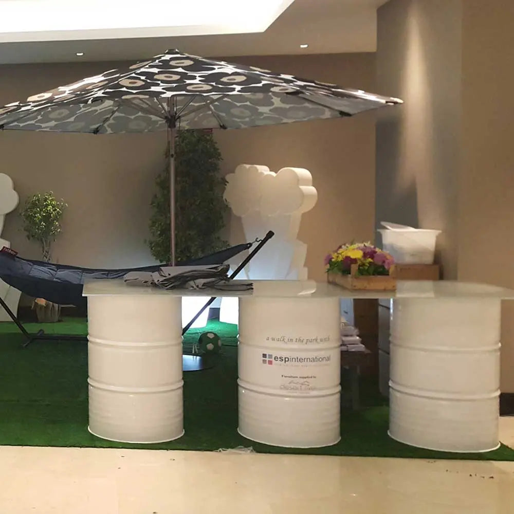 Oil drum buffet table white Desert River Rentals