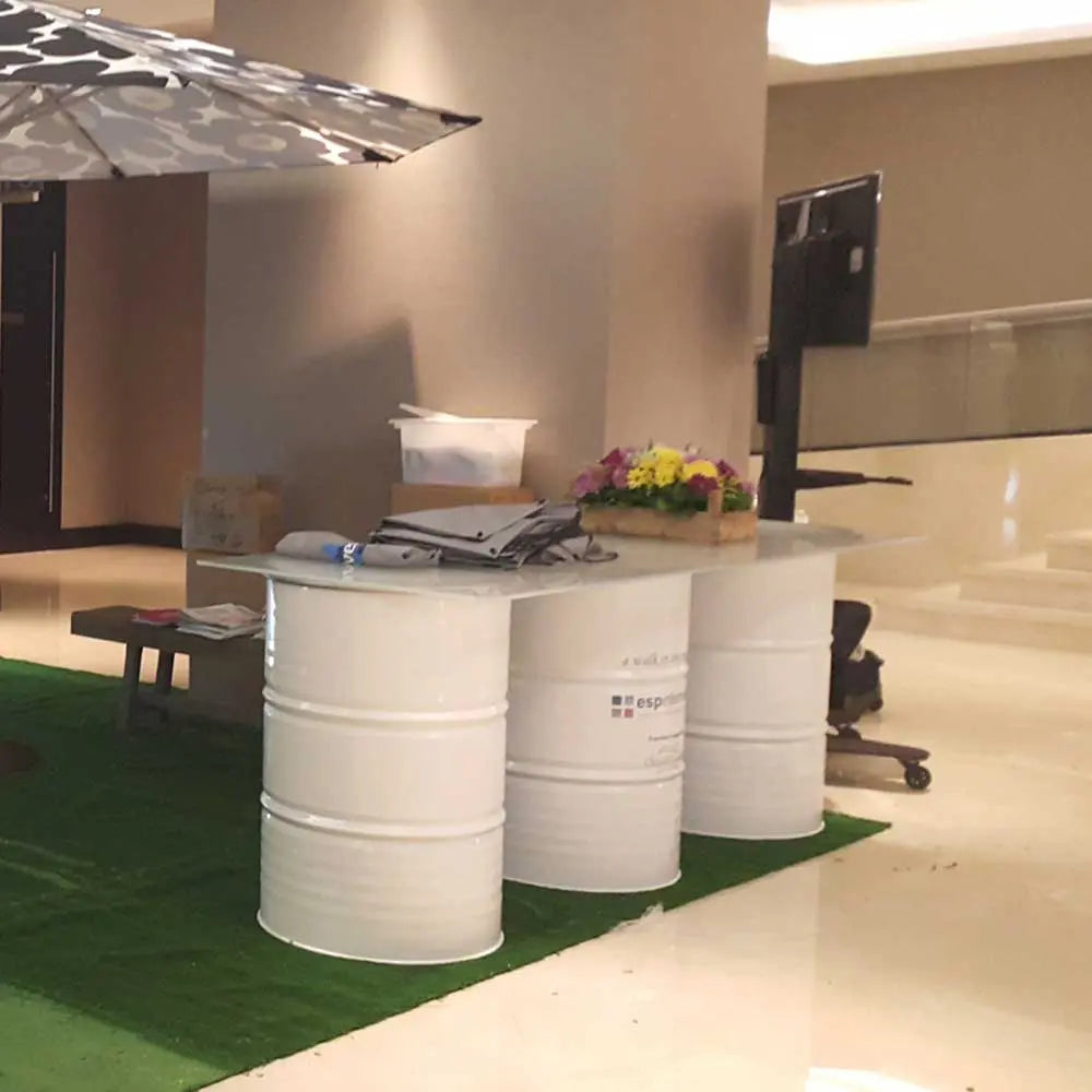 Oil drum buffet table white Desert River Rentals