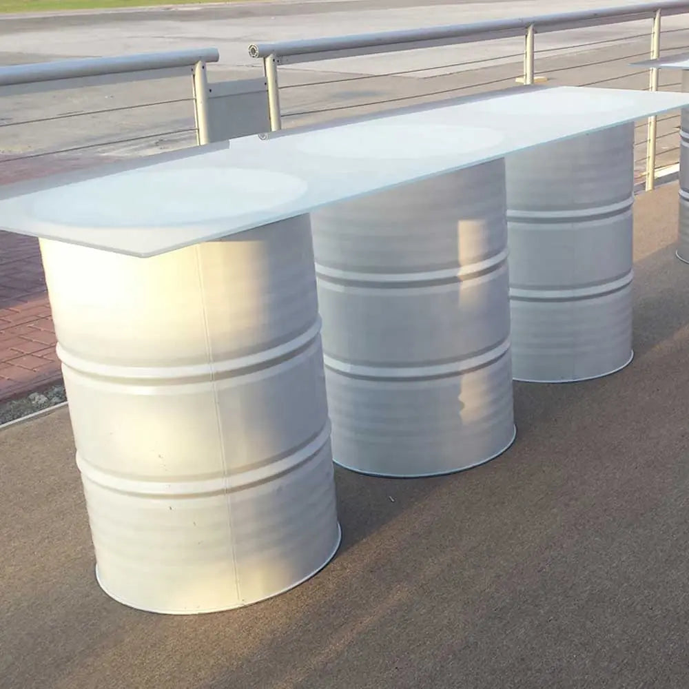 Oil drum buffet table white Desert River Rentals