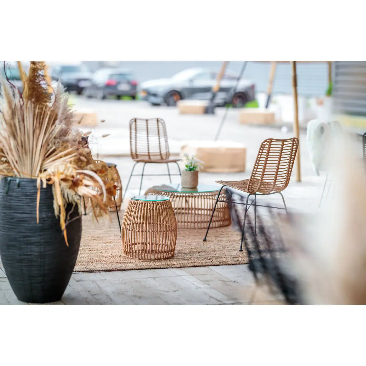 Palm springs side table with glass top Desert River Rentals