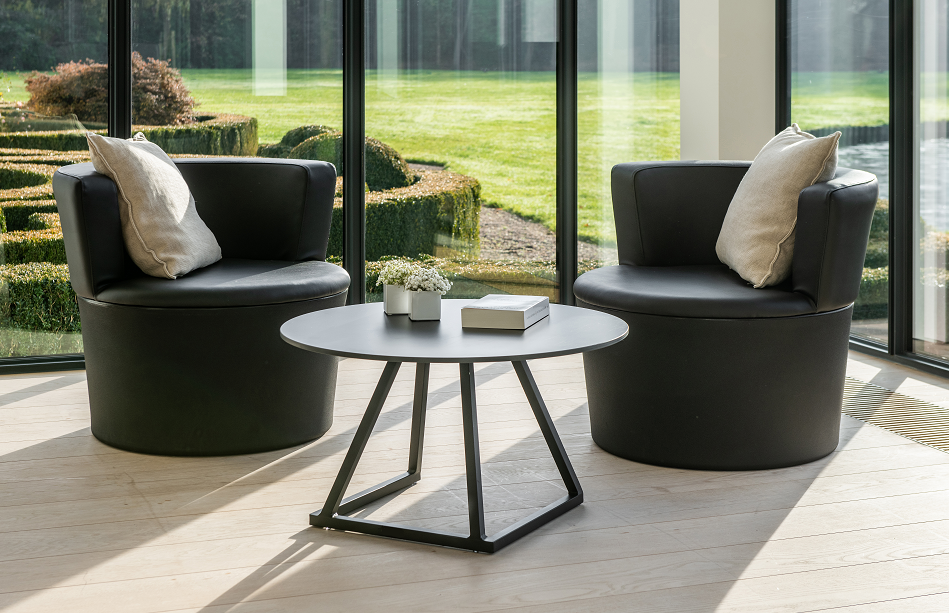 Linea Coffee Table (Black Frame with White Round Top) Desert River Rentals