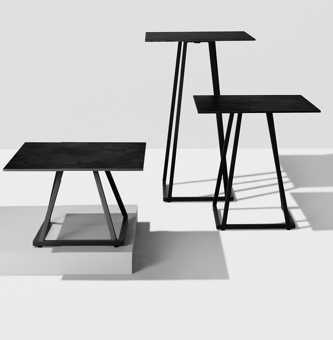 Coffee table, side table, and cocktail table from the Linea collection featuring rectangular tabletops and metal legs.